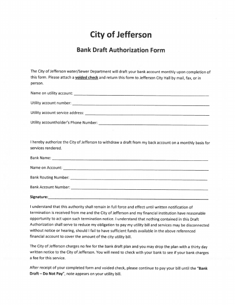 First page of the Bank Draft Authorization Form