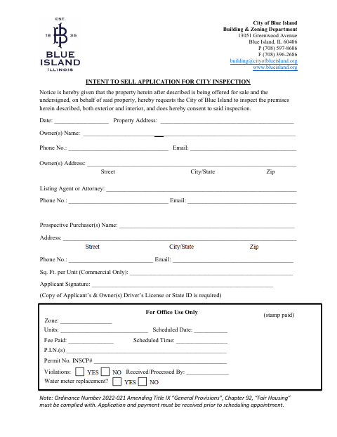 First page of the Intent to Sell Application for City Inspection