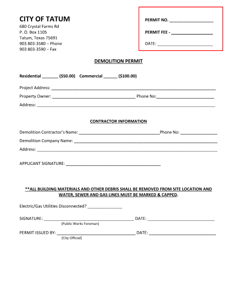 First page of the Demolition Permit