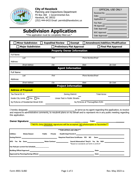 First page of the Subdivision Application