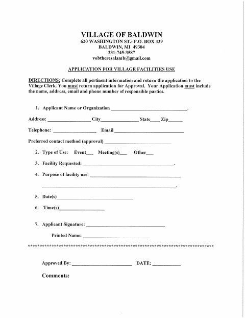 First page of the Facilities Use Application