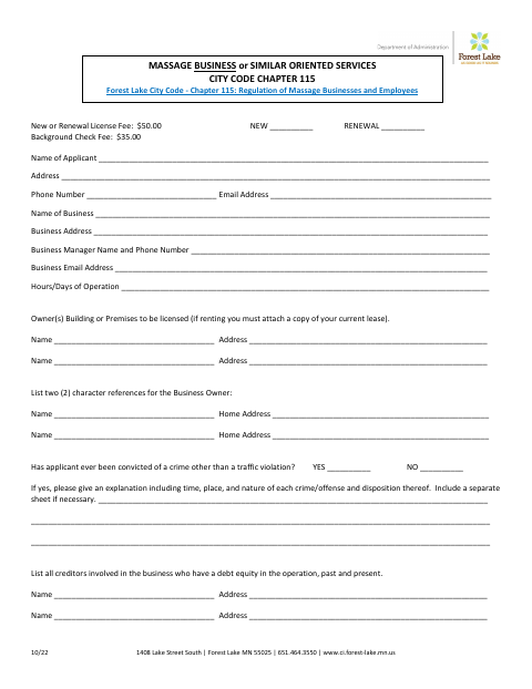First page of the Massage Business or Similar Oriented Services License Application