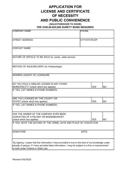 First page of the Application for License and Certificate of Necessity and Public Convenience (Solicitor/Door to Door)