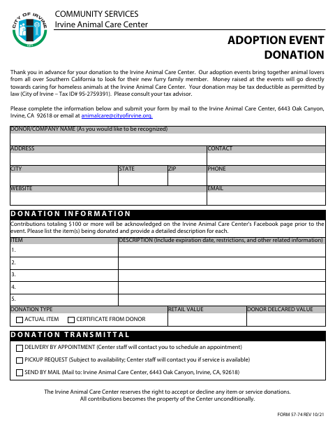 First page of the Adoption Event Donation