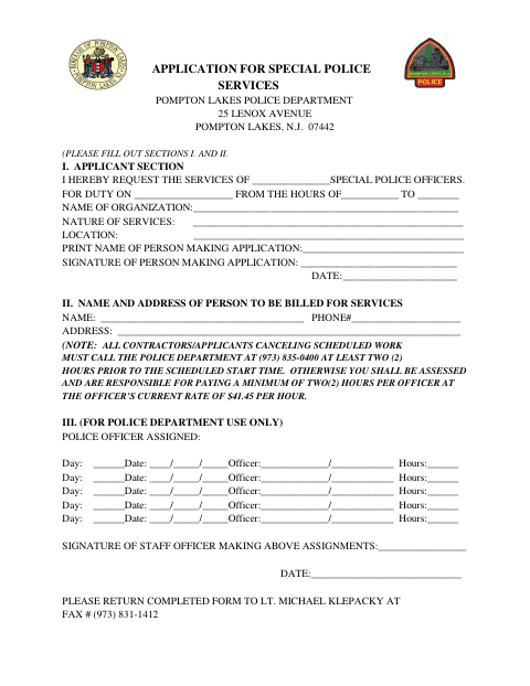 First page of the Application for Special Police Services