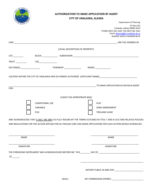 First page of the Authorization to Make Application by Agent