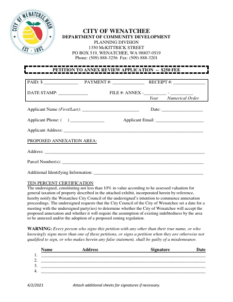 First page of the Annexation 10 Percent Application