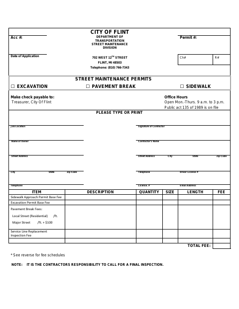 First page of the Street Maintenance Permit