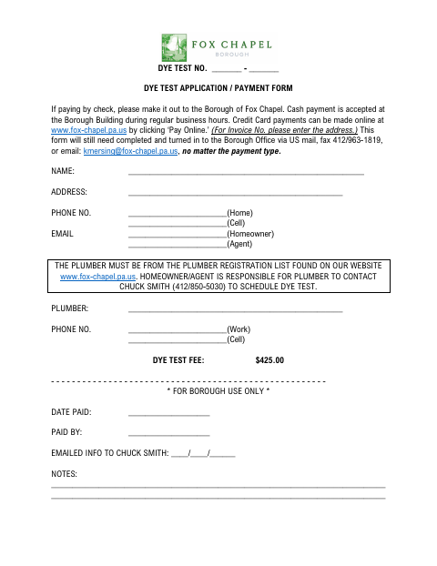 First page of the Dye Test Application / Payment Form