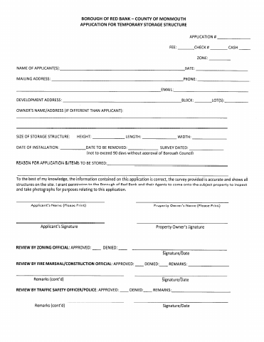 First page of the Application for Temporary Storage Structure