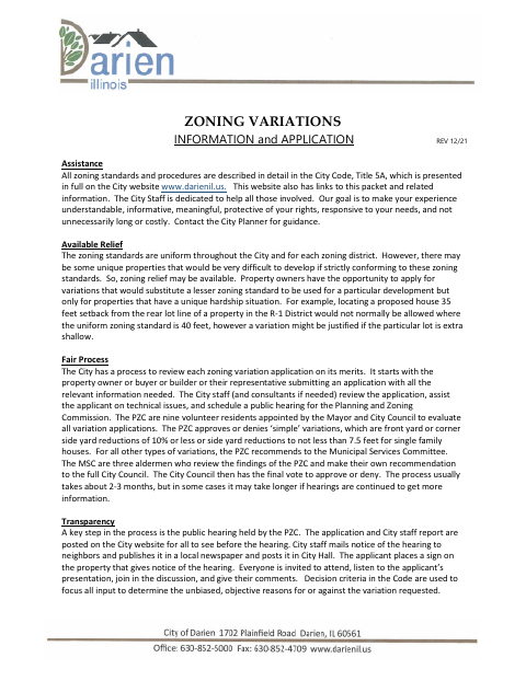 First page of the Zoning Variations Information and Application