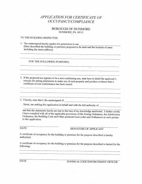 First page of the Application for Certificate of Occupancy/Compliance