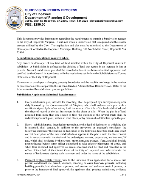 First page of the Subdivision Application Package