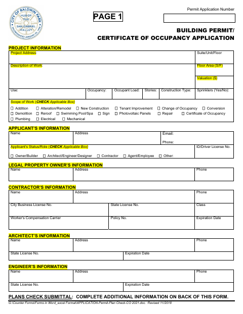 First page of the Building Permit/Certificate of Occupancy Application