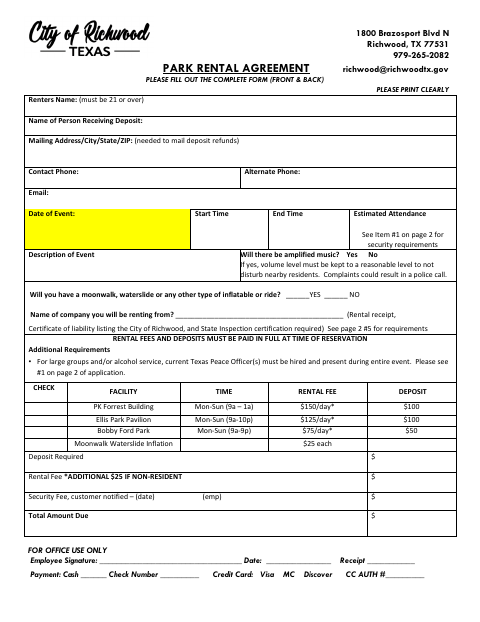First page of the Park Rental Agreement