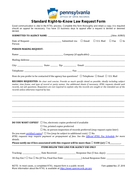 First page of the Standard Right-to-Know Law Request Form
