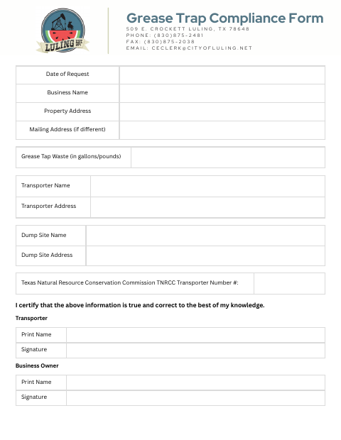 First page of the Grease Trap Compliance Form