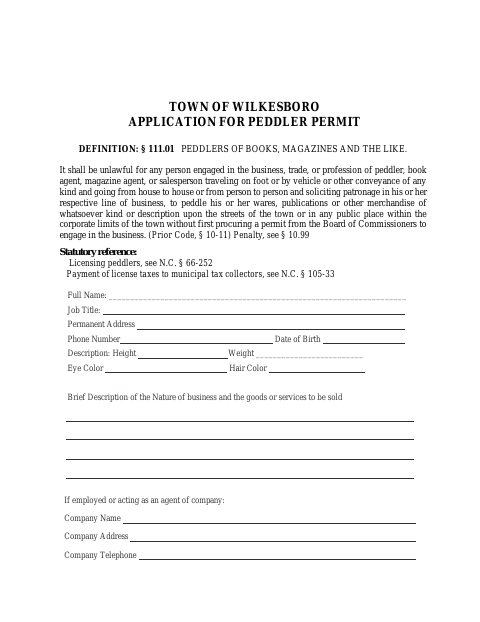 First page of the Peddler Permit Application