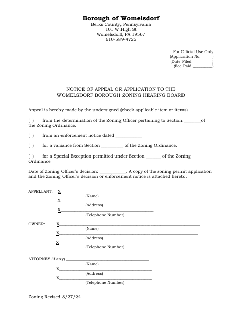 First page of the Notice of Appeal or Application to the Zoning Hearing Board