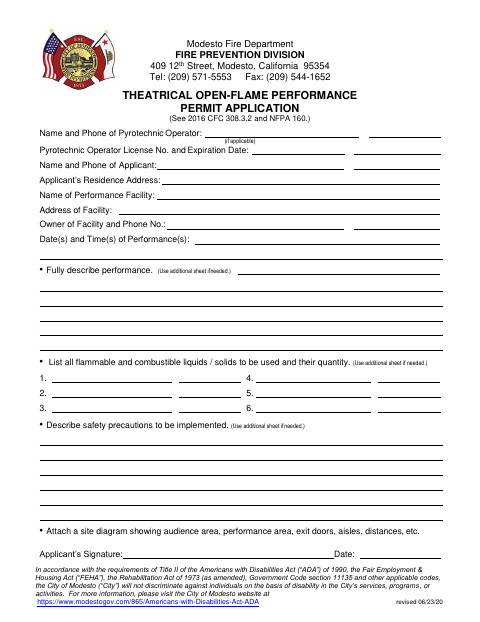 First page of the Theatrical Open-Flame Performance Permit Application