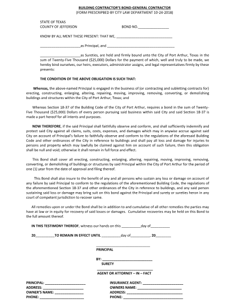 First page of the Building Contractor’s Bond Form $25,000 (General Contractor)