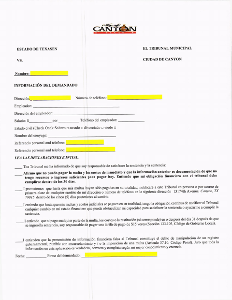 First page of the Financial Information Affidavit