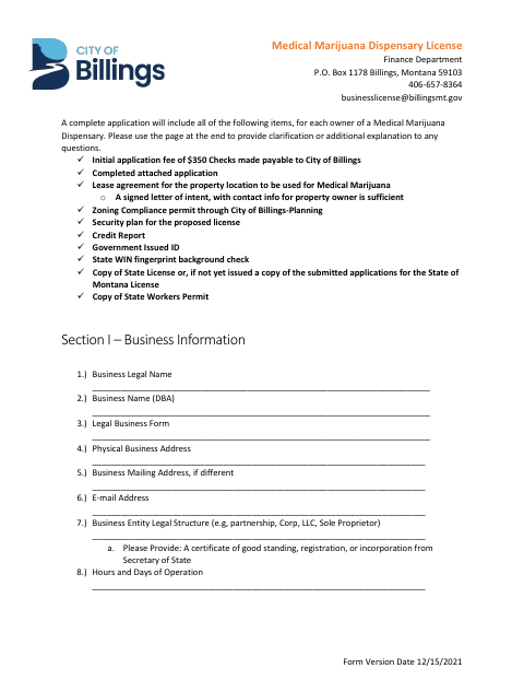 First page of the Medical Marijuana Dispensary License