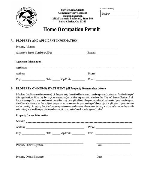 First page of the Home Occupation Permit Application