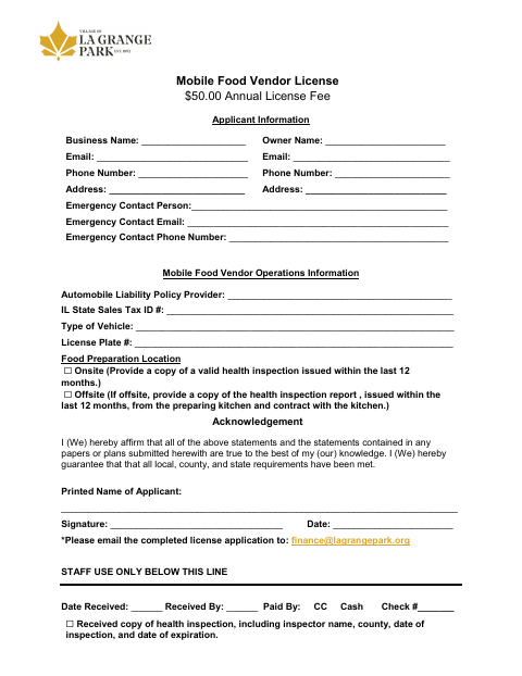 First page of the Mobile Food Vendor License Application