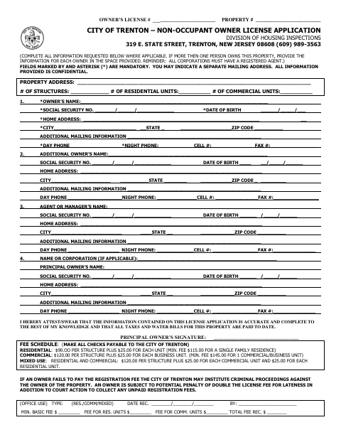 First page of the Non-Occupant Owner License Application