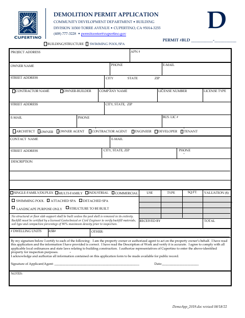First page of the Demolition Permit Application