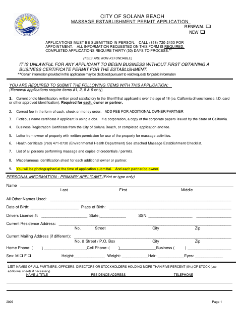First page of the Massage Establishment Permit Application