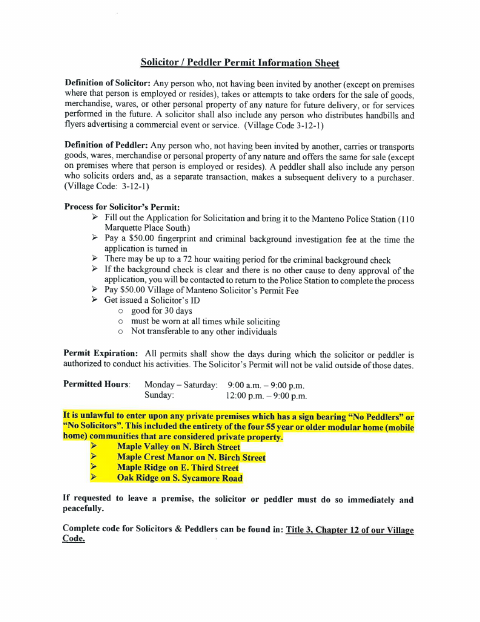 First page of the Solicitor/Peddler Permit Application