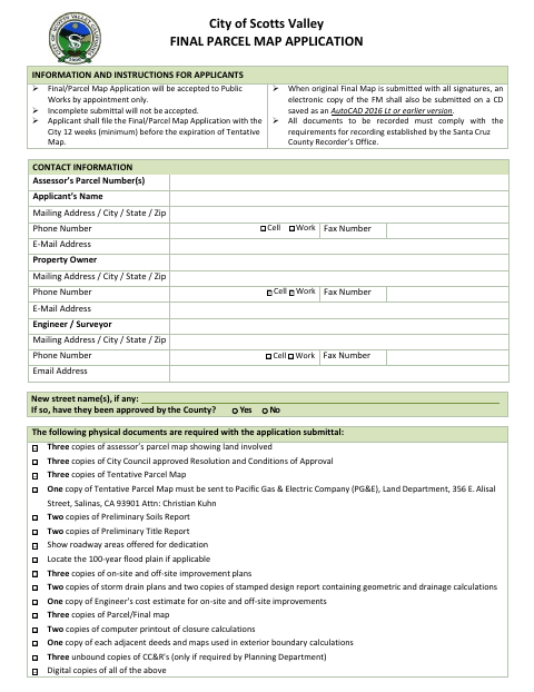 First page of the Final Parcel Map Application