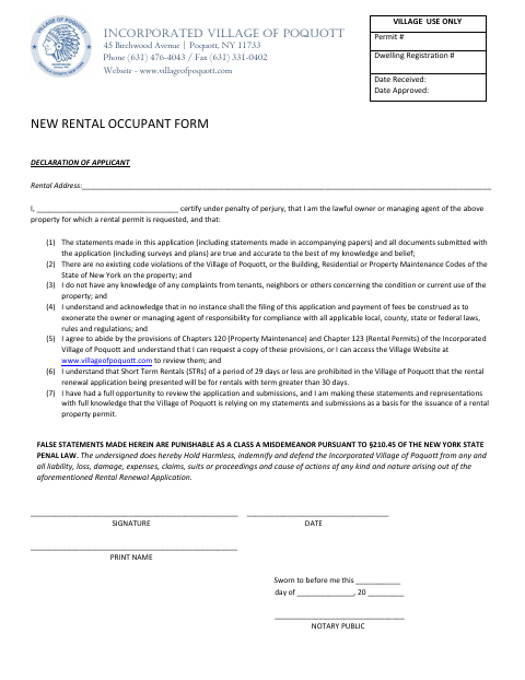 First page of the Rental Occupancy Registration Form