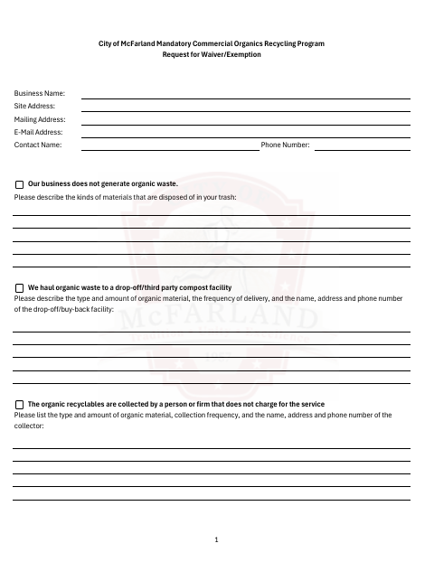 First page of the Mandatory Commercial Organics Recycling Program Request for Waiver/Exemption