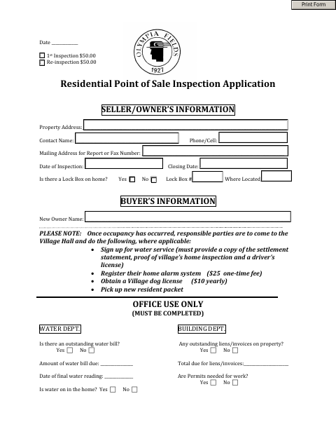 First page of the Residential Point of Sale Inspection Application