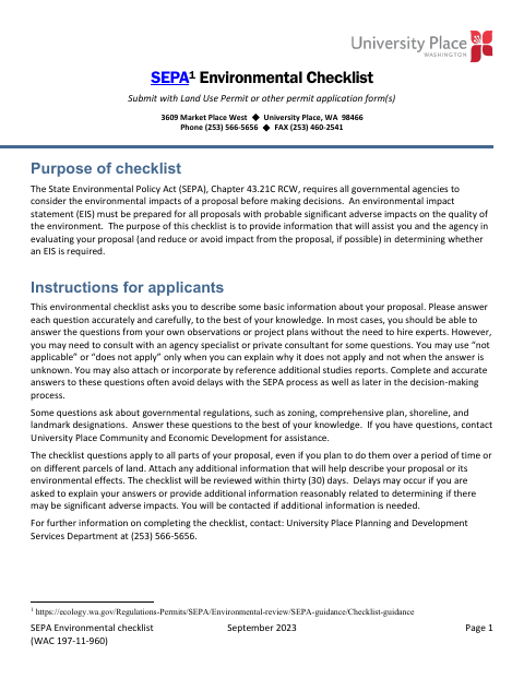 First page of the SEPA Environmental Checklist