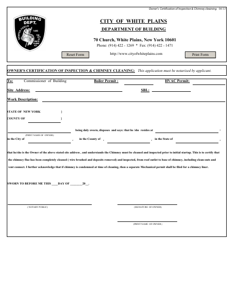 First page of the Owner's Certification of Inspection and Chimney Cleaning