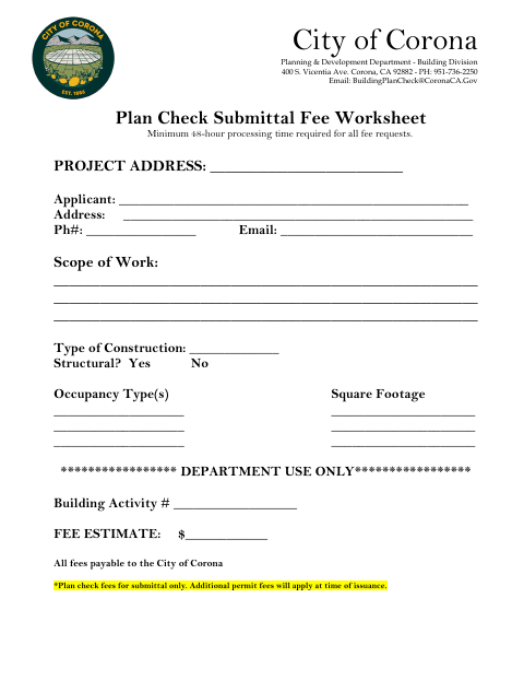 First page of the Plan Check Submittal Fee Worksheet
