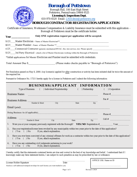 First page of the Contractor Registration Application