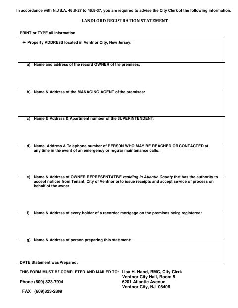First page of the Landlord Registration Statement