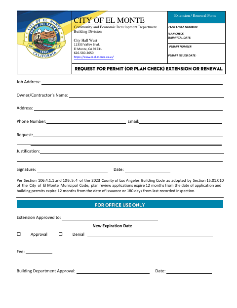 First page of the Extension / Renewal Form