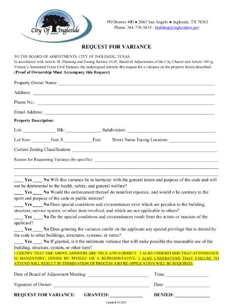 First page of the Request for Variance to the Board of Adjustments