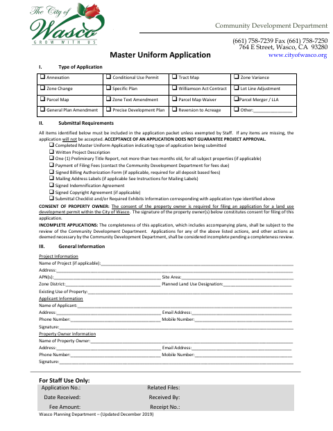 First page of the Master Uniform Application