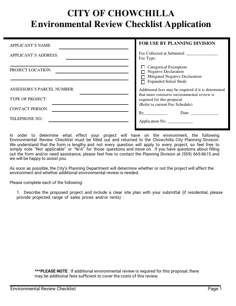 First page of the Environmental Review Checklist Application