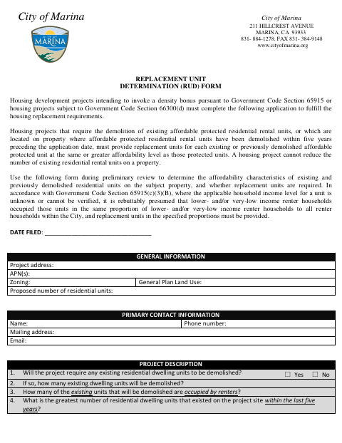 First page of the Replacement Unit Determination Form