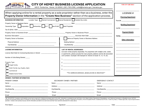 First page of the Rental Property Business License Application