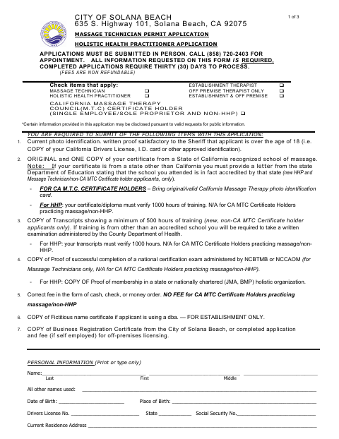 First page of the Massage Technician Permit and Holistic Health Practitioner Application