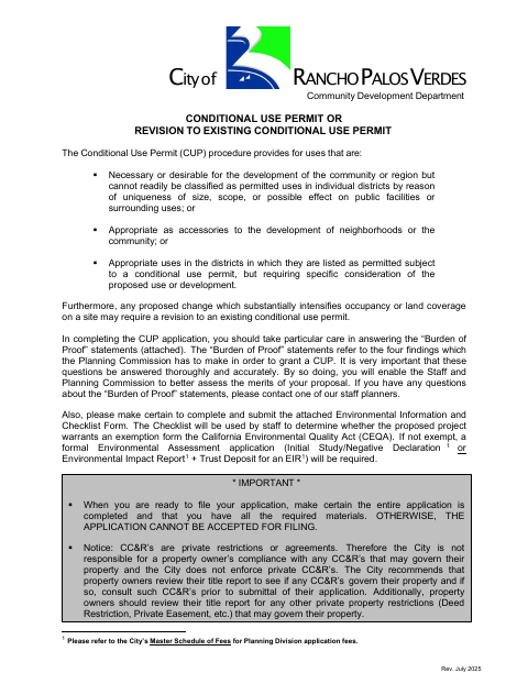 First page of the Conditional Use Permit or Revision to Existing Conditional Use Permit
